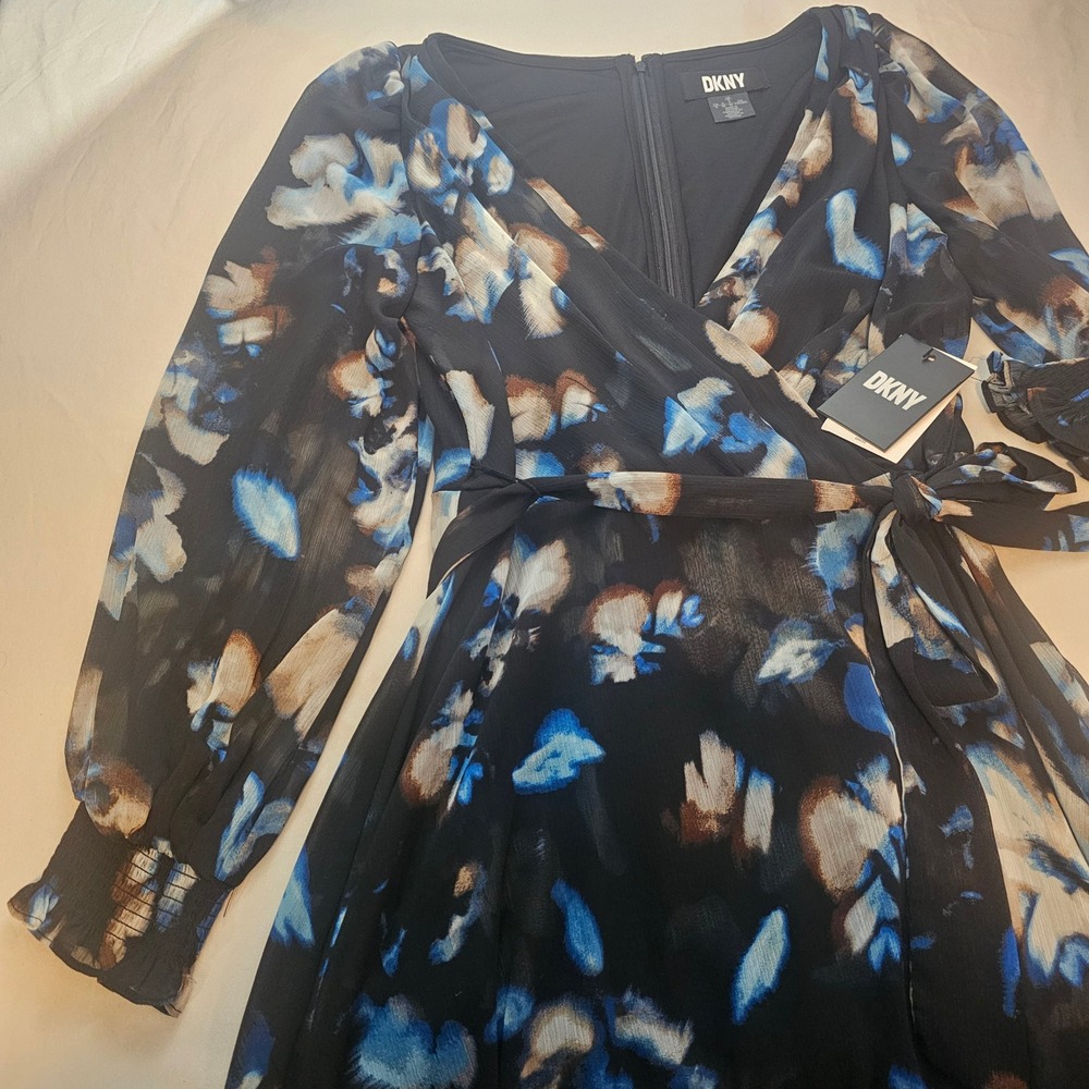 DKNY Size 6 Faux Wrap V-Neck Belted Layered Hi-Low Smoked Ruffle Sleeve NWT 1221